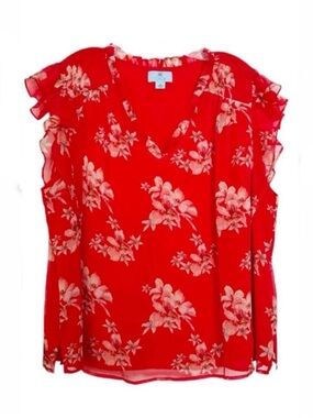 CeCe Chiffon Smocked Cap Sleeve V-Neck Red Floral Print Flutter Blouse Size 2X